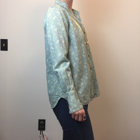 Free People Blue Denim Printed Button Down Top - Picture 2 of 8